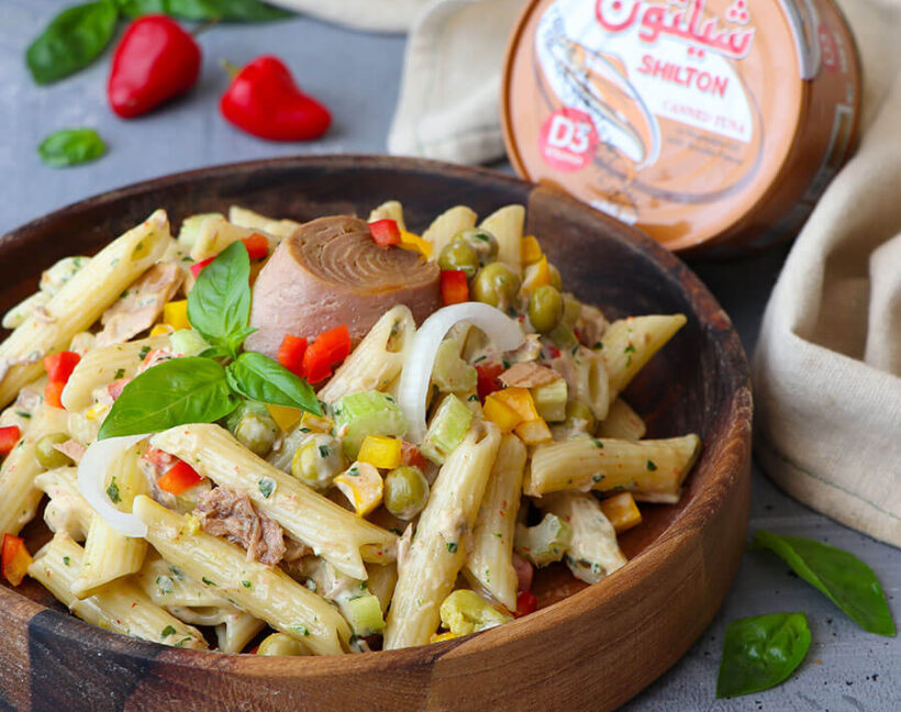 سالاد پاستا و ماهی تون دودی